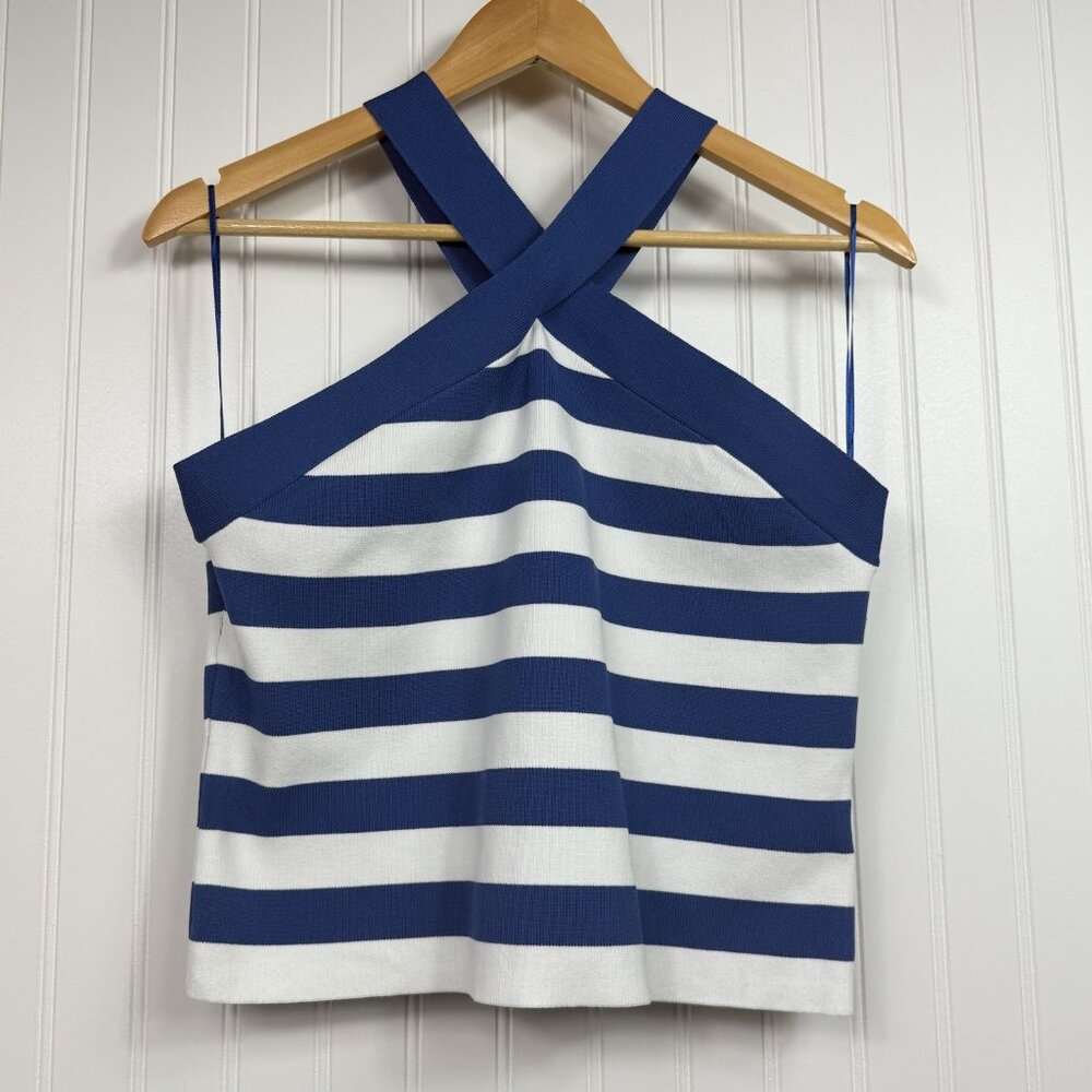 Sincerely Jules Halter Tank Top Womens Large Blue and White Criss Cross NWT